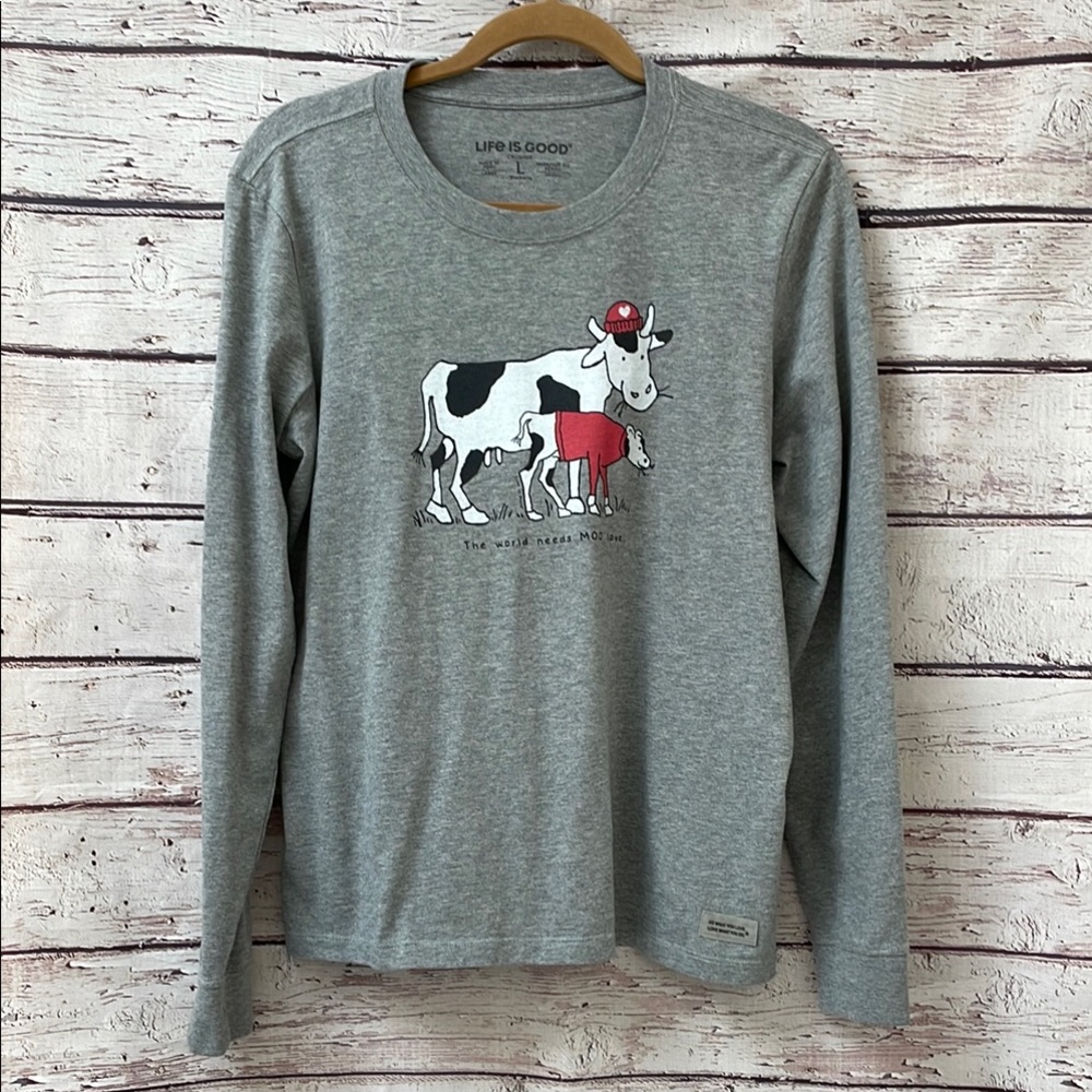 Life Is Good Gray Long Sleeve Tee with Cow Graphic and Red Accent